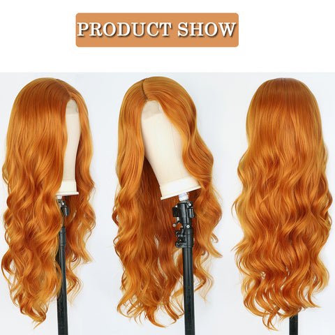 Qp hairMONIXI Synthetic Long Wavy Cosplay Wig Orange Wigs for Women Side Part Natural Black Wig Blonde Pink Cosplay Wig