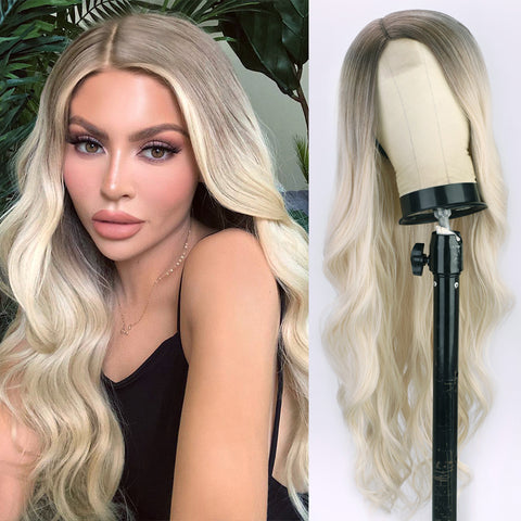 Qp hairMONIXI Synthetic Long Wavy Cosplay Wig Orange Wigs for Women Side Part Natural Black Wig Blonde Pink Cosplay Wig