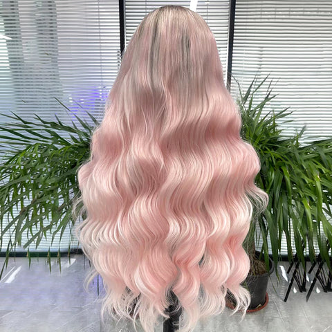 Qp hairMONIXI Synthetic Long Wavy Front Lace Wig Ombre Pink Hair for Women's Wigs Cosplay Looks Nature Heat Resistant Fiber