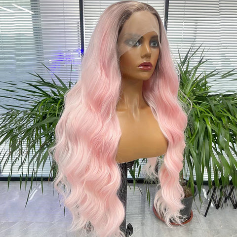 Qp hairMONIXI Synthetic Long Wavy Front Lace Wig Ombre Pink Hair for Women's Wigs Cosplay Looks Nature Heat Resistant Fiber