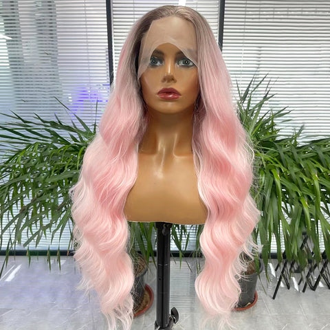 Qp hairMONIXI Synthetic Long Wavy Front Lace Wig Ombre Pink Hair for Women's Wigs Cosplay Looks Nature Heat Resistant Fiber
