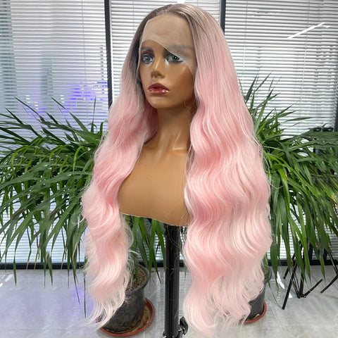 Qp hairMONIXI Synthetic Long Wavy Front Lace Wig Ombre Pink Hair for Women's Wigs Cosplay Looks Nature Heat Resistant Fiber