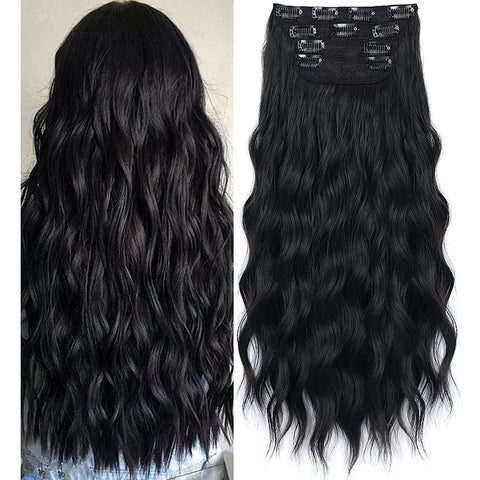 Qp hairMONIXI Synthetic Long Wavy Hair Extensions Black Clip in Hair Extensions 4pcs Platinum Heat Resistant Hair for Women Daily Use