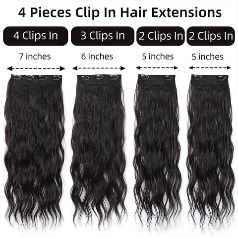 Qp hairMONIXI Synthetic Long Wavy Hair Extensions Black Clip in Hair Extensions 4pcs Platinum Heat Resistant Hair for Women Daily Use