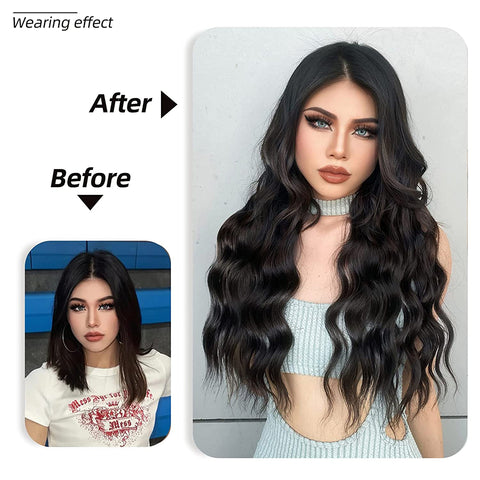 Qp hairMONIXI Synthetic Long Wavy Hair Extensions Black Clip in Hair Extensions 4pcs Platinum Heat Resistant Hair for Women Daily Use