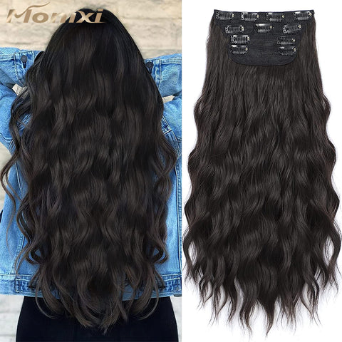 Qp hairMONIXI Synthetic Long Wavy Hair Extensions Black Clip in Hair Extensions 4pcs Platinum Heat Resistant Hair for Women Daily Use