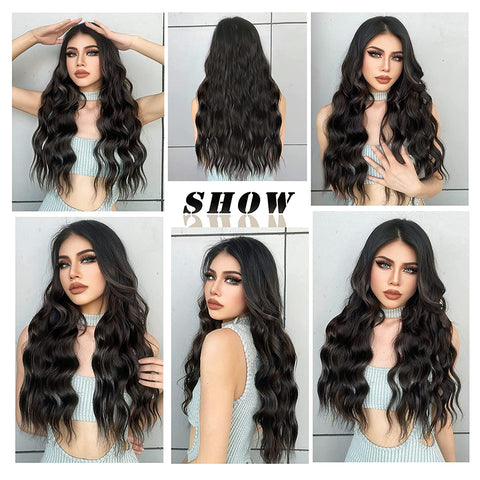 Qp hairMONIXI Synthetic Long Wavy Hair Extensions Black Clip in Hair Extensions 4pcs Platinum Heat Resistant Hair for Women Daily Use