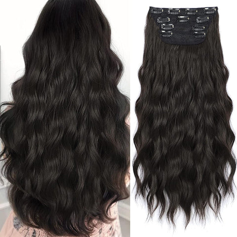 Qp hairMONIXI Synthetic Long Wavy Hair Extensions Black Clip in Hair Extensions 4pcs Platinum Heat Resistant Hair for Women Daily Use