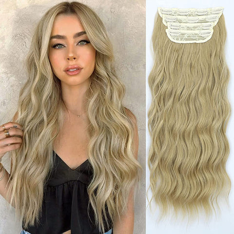 Qp hairMONIXI Synthetic Long Wavy Hair Extensions Black Clip in Hair Extensions 4pcs Platinum Heat Resistant Hair for Women Daily Use