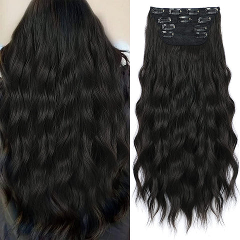 Qp hairMONIXI Synthetic Long Wavy Hair Extensions Black Clip in Hair Extensions 4pcs Platinum Heat Resistant Hair for Women Daily Use