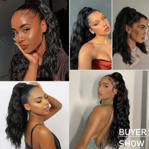 Qp hairMONIXI Synthetic Long Wavy Ponytail Extensions Clip in Hair Extensions Wrap Around Hairpiece Daily Wear Heat Resistant Fiber