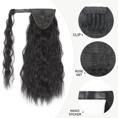 Qp hairMONIXI Synthetic Long Wavy Ponytail Extensions Clip in Hair Extensions Wrap Around Hairpiece Daily Wear Heat Resistant Fiber