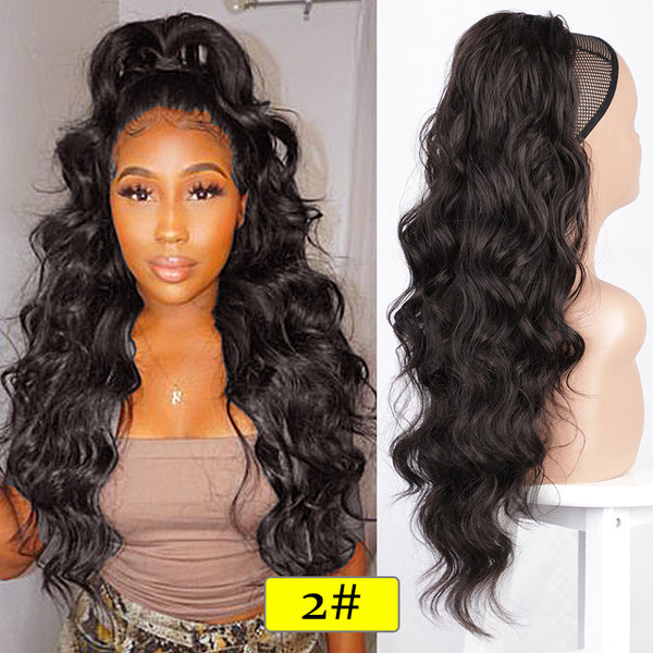 Qp hairMONIXI Synthetic Long Wavy Ponytail Hair Synthetic Drawstring Ponytail Clip in Hairpiece Black Wave Ponytail for Black Women