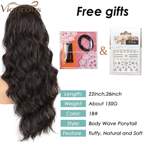 Qp hairMONIXI Synthetic Long Wavy Ponytail Hair Synthetic Drawstring Ponytail Clip in Hairpiece Black Wave Ponytail for Black Women