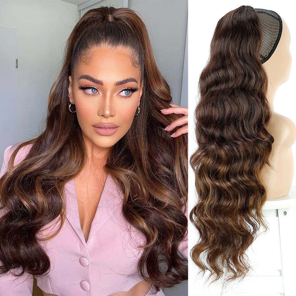 Qp hairMONIXI Synthetic Long Wavy Ponytail Hair Synthetic Drawstring Ponytail Clip in Hairpiece Black Wave Ponytail for Black Women