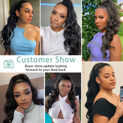 Qp hairMONIXI Synthetic Long Wavy Ponytail Hair Synthetic Drawstring Ponytail Clip in Hairpiece Black Wave Ponytail for Black Women