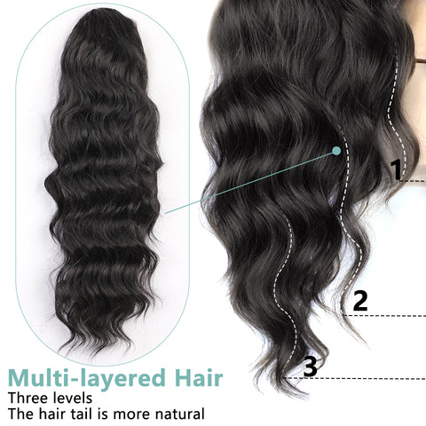 Qp hairMONIXI Synthetic Long Wavy Ponytail Hair Synthetic Drawstring Ponytail Clip in Hairpiece Black Wave Ponytail for Black Women