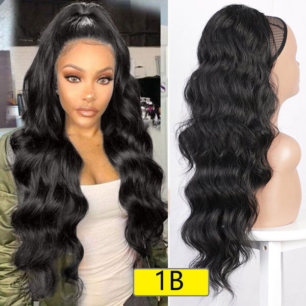 Qp hairMONIXI Synthetic Long Wavy Ponytail Hair Synthetic Drawstring Ponytail Clip in Hairpiece Black Wave Ponytail for Black Women