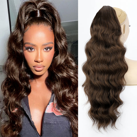 Qp hairMONIXI Synthetic Long Wavy Ponytail Hair Synthetic Drawstring Ponytail Clip in Hairpiece Black Wave Ponytail for Black Women