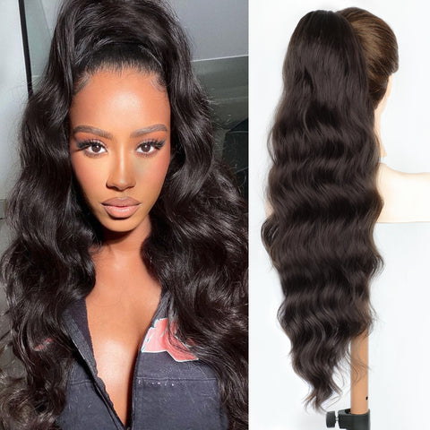 Qp hairMONIXI Synthetic Long Wavy Ponytail Hair Synthetic Drawstring Ponytail Clip in Hairpiece Black Wave Ponytail for Black Women
