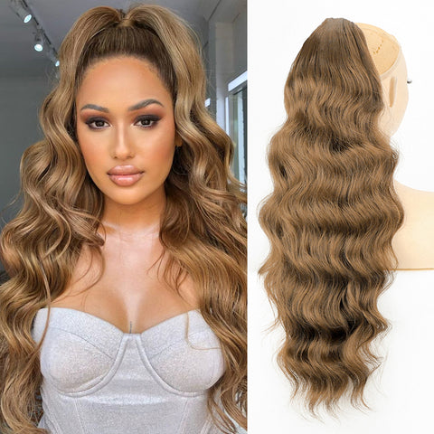 Qp hairMONIXI Synthetic Long Wavy Ponytail Hair Synthetic Drawstring Ponytail Clip in Hairpiece Black Wave Ponytail for Black Women