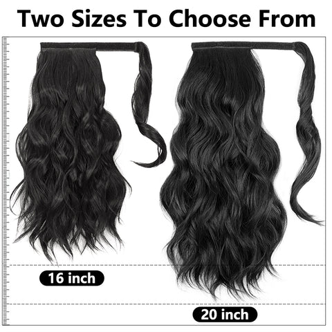 Qp hairMONIXI Synthetic Long Wavy Ponytail Hairpiece Wrap on Clip Hair Extensions with Bangs Clips Front Two Side Fringe for Women