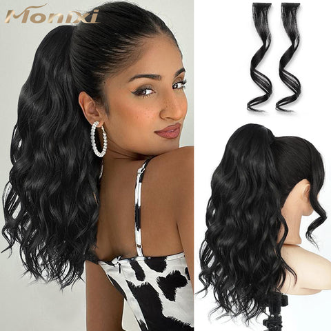 Qp hairMONIXI Synthetic Long Wavy Ponytail Hairpiece Wrap on Clip Hair Extensions with Bangs Clips Front Two Side Fringe for Women