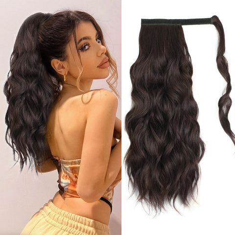 Qp hairMONIXI Synthetic Long Wavy Ponytail Hairpiece Wrap on Clip Hair Extensions with Bangs Clips Front Two Side Fringe for Women