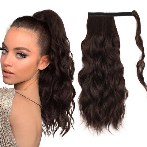 Qp hairMONIXI Synthetic Long Wavy Ponytail Hairpiece Wrap on Clip Hair Extensions with Bangs Clips Front Two Side Fringe for Women
