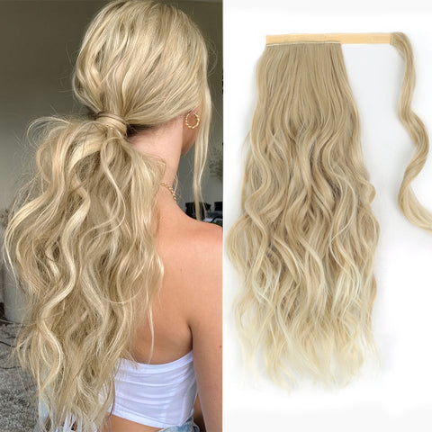 Qp hairMONIXI Synthetic Long Wavy Ponytail Hairpiece Wrap on Clip Hair Extensions with Bangs Clips Front Two Side Fringe for Women