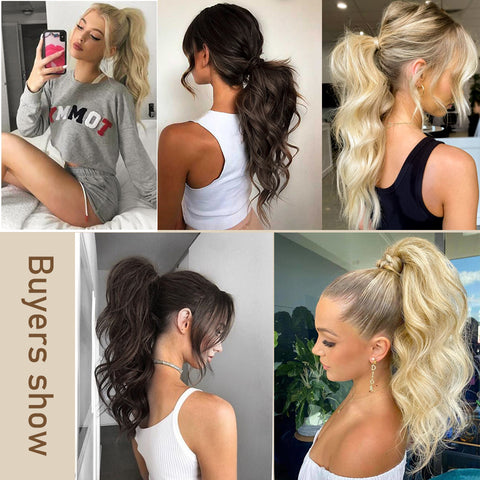 Qp hairMONIXI Synthetic Long Wavy Ponytail Hairpiece Wrap on Clip Hair Extensions with Bangs Clips Front Two Side Fringe for Women