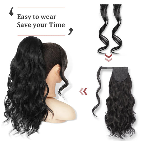 Qp hairMONIXI Synthetic Long Wavy Ponytail Hairpiece Wrap on Clip Hair Extensions with Bangs Clips Front Two Side Fringe for Women