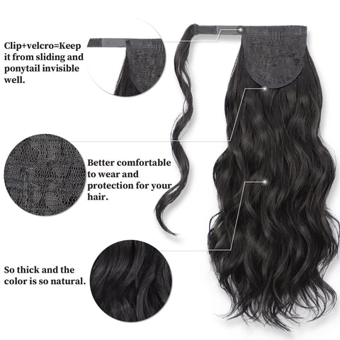 Qp hairMONIXI Synthetic Long Wavy Ponytail Hairpiece Wrap on Clip Hair Extensions with Bangs Clips Front Two Side Fringe for Women
