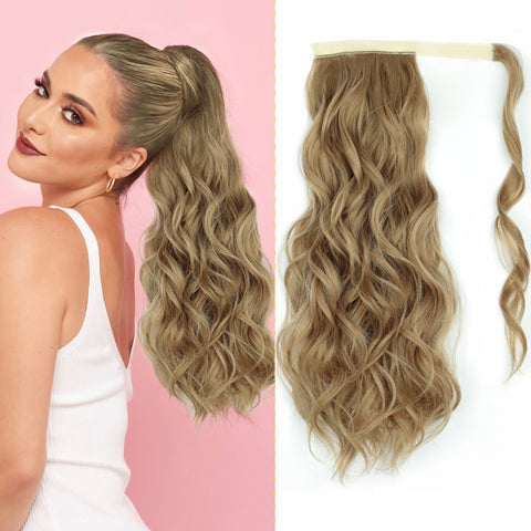 Qp hairMONIXI Synthetic Long Wavy Ponytail Hairpiece Wrap on Clip Hair Extensions with Bangs Clips Front Two Side Fringe for Women