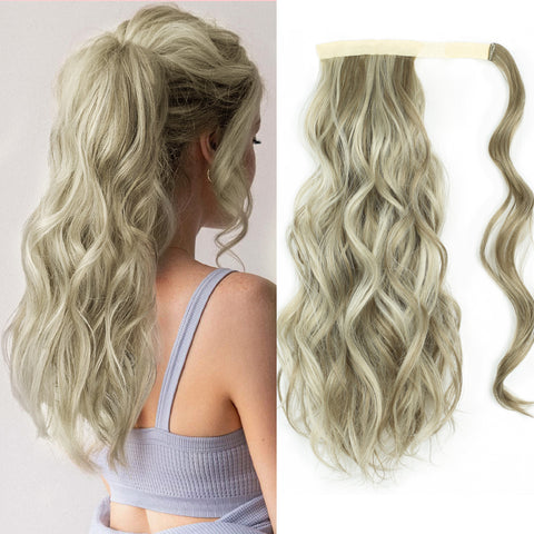 Qp hairMONIXI Synthetic Long Wavy Ponytail Hairpiece Wrap on Clip Hair Extensions with Bangs Clips Front Two Side Fringe for Women