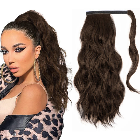 Qp hairMONIXI Synthetic Long Wavy Ponytail Hairpiece Wrap on Clip Hair Extensions with Bangs Clips Front Two Side Fringe for Women
