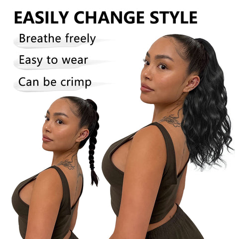 Qp hairMONIXI Synthetic Long Wavy Ponytail Hairpiece Wrap on Clip Hair Extensions with Bangs Clips Front Two Side Fringe for Women