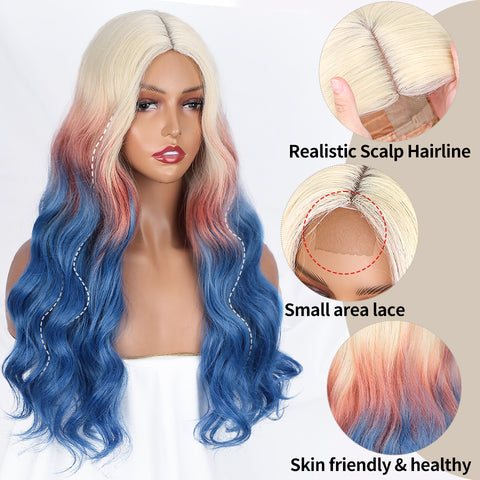 Qp hairMONIXI Synthetic Long Wavy Wig Blonde Mix Blue Middle Part Wigs for Women Cosplay Party Ombre Platinum Heat Resistance Fiber Wig
