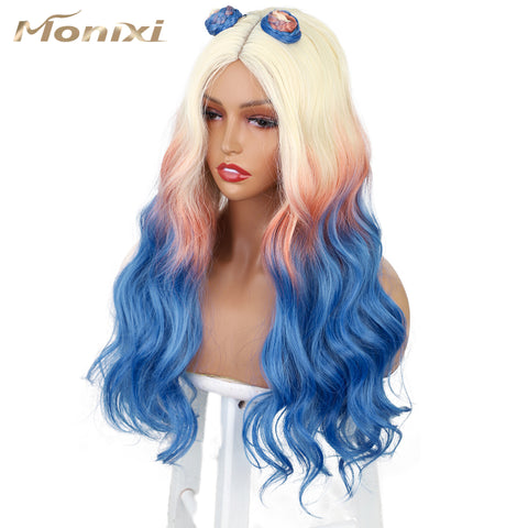 Qp hairMONIXI Synthetic Long Wavy Wig Blonde Mix Blue Middle Part Wigs for Women Cosplay Party Ombre Platinum Heat Resistance Fiber Wig