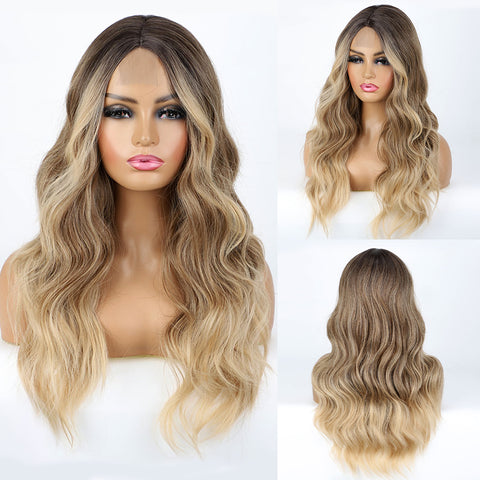 Qp hairMONIXI Synthetic Long Wavy Wig Blonde Mix Blue Middle Part Wigs for Women Cosplay Party Ombre Platinum Heat Resistance Fiber Wig