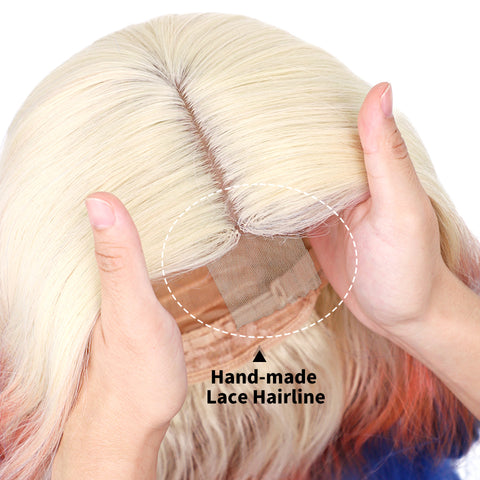 Qp hairMONIXI Synthetic Long Wavy Wig Blonde Mix Blue Middle Part Wigs for Women Cosplay Party Ombre Platinum Heat Resistance Fiber Wig