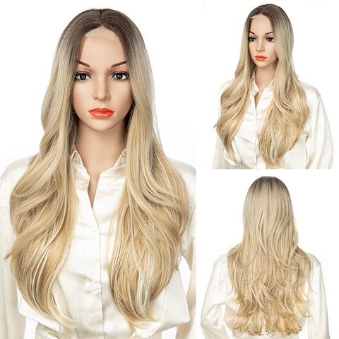 Qp hairMONIXI Synthetic Long Wavy Wig Blonde Mix Blue Middle Part Wigs for Women Cosplay Party Ombre Platinum Heat Resistance Fiber Wig