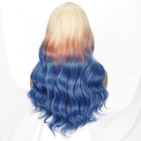 Qp hairMONIXI Synthetic Long Wavy Wig Blonde Mix Blue Middle Part Wigs for Women Cosplay Party Ombre Platinum Heat Resistance Fiber Wig