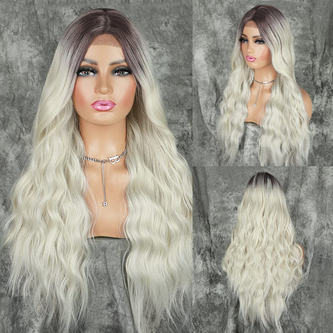 Qp hairMONIXI Synthetic Long Wavy Wig Blonde Mix Blue Middle Part Wigs for Women Cosplay Party Ombre Platinum Heat Resistance Fiber Wig