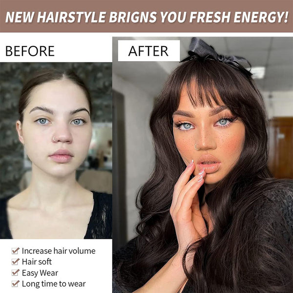 Qp hairMONIXI Synthetic Long Wavy Wig Dark Brown Wigs for Women Wig with Bangs Daily Used Platinum High Temperature Wire Hair