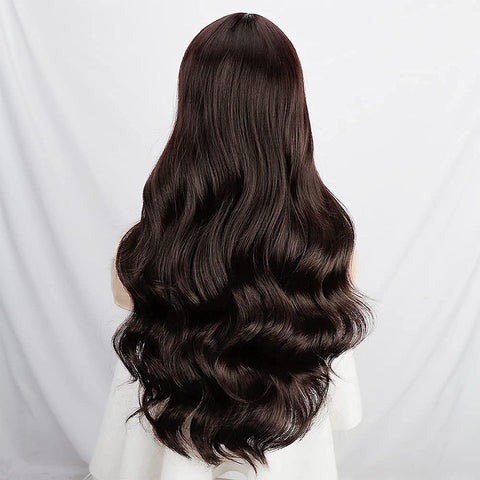 Qp hairMONIXI Synthetic Long Wavy Wig Dark Brown Wigs for Women Wig with Bangs Daily Used Platinum High Temperature Wire Hair
