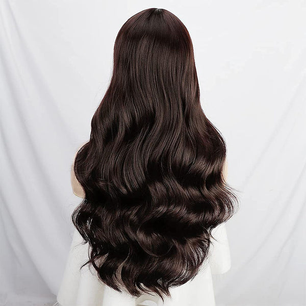 Qp hairMONIXI Synthetic Long Wavy Wig Dark Brown Wigs for Women Wig with Bangs Daily Used Platinum High Temperature Wire Hair