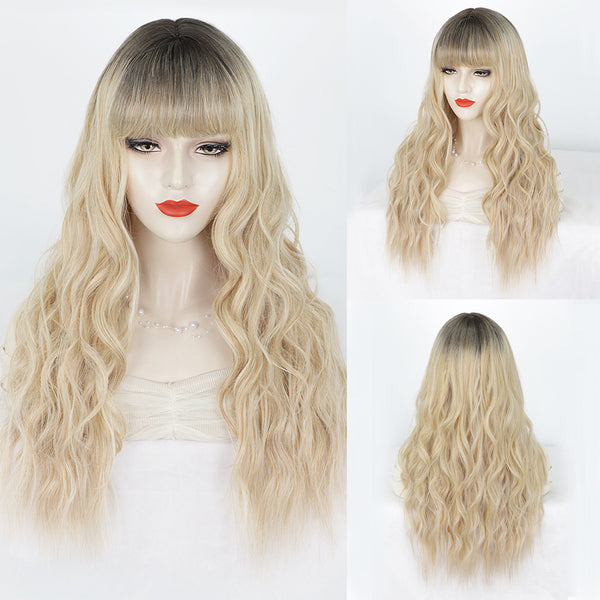 Qp hairMONIXI Synthetic Long Wavy Wig Dark Brown Wigs for Women Wig with Bangs Daily Used Platinum High Temperature Wire Hair