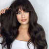 Qp hairMONIXI Synthetic Long Wavy Wig Dark Brown Wigs for Women Wig with Bangs Daily Used Platinum High Temperature Wire Hair