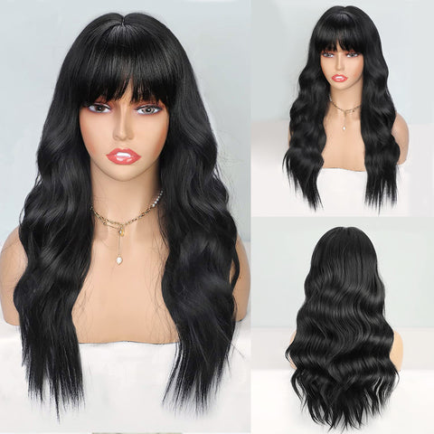 Qp hairMONIXI Synthetic Long Wavy Wig Dark Brown Wigs for Women Wig with Bangs Daily Used Platinum High Temperature Wire Hair